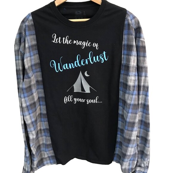 Reworked Flannel Shirt, Size L-XL: Upcycled Oversized Wanderlust Travel Graphics - Picture 1 of 8